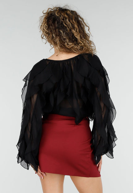 NEW220426 Zwarte Chiffon Blouse met Ruffles