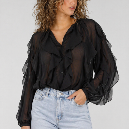 NEW220426 Zwarte Chiffon Blouse met Ruffles