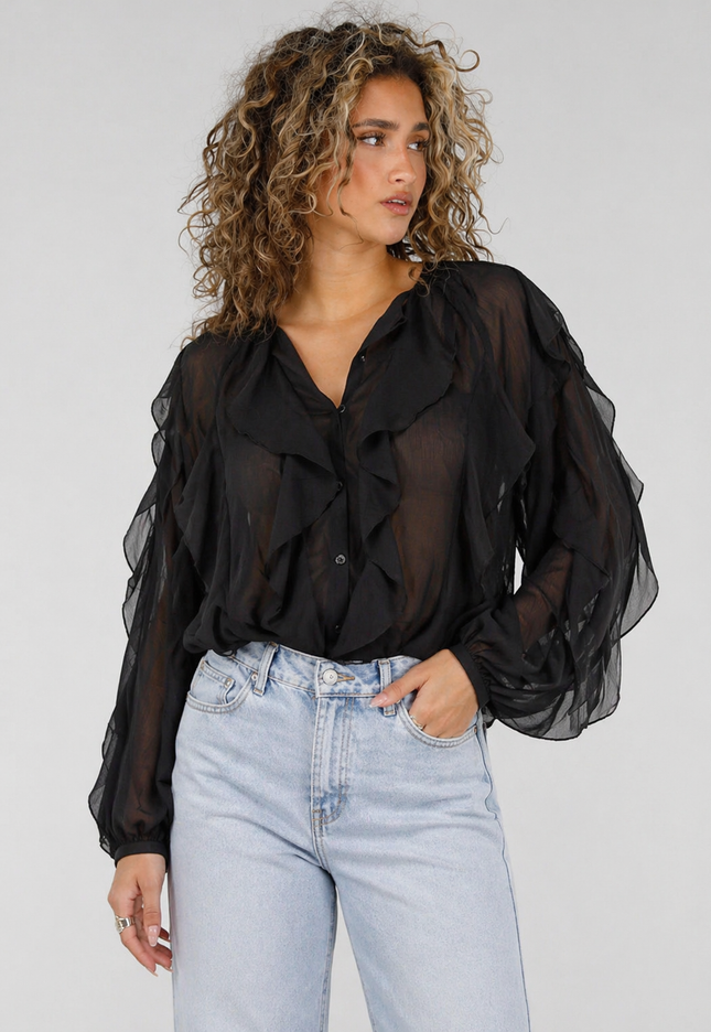 NEW220426 Zwarte Chiffon Blouse met Ruffles