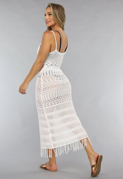 NEW2205 Witte Gehaakte Bohemian Jurk met Franjes
