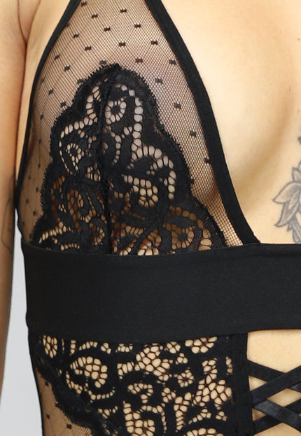 NEW2205 Zwarte Kanten Lingerie Bodysuit met Polkadot