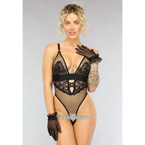 NEW2205 Zwarte Kanten Lingerie Bodysuit met Polkadot