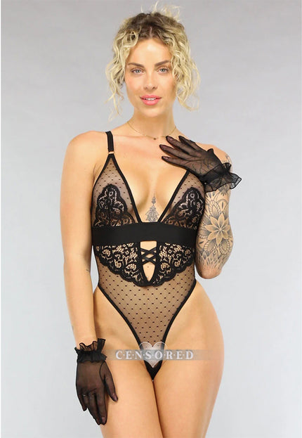 NEW2205 Zwarte Kanten Lingerie Bodysuit met Polkadot