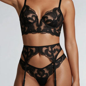 NEW2205 Zwarte Kanten Lingerie Set met Handschoenen