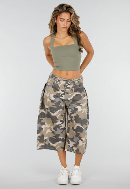 NEW220726 Beige Camouflage Bermuda Jort