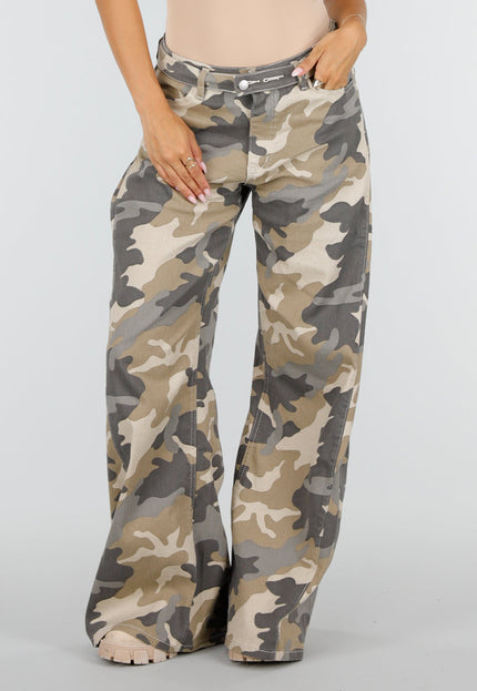 NEW220726 Beige Camouflage Wide Leg Broek