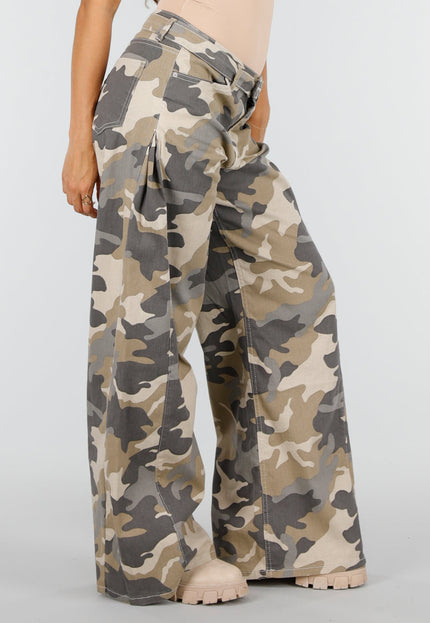 NEW220726 Beige Camouflage Wide Leg Broek