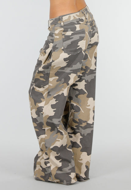 NEW220726 Beige Camouflage Wide Leg Broek