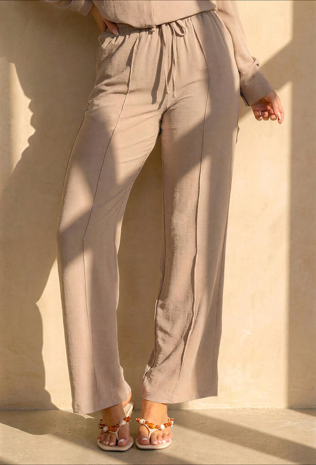 NEW220726 Beige Wide Leg Broek met Strikkoord