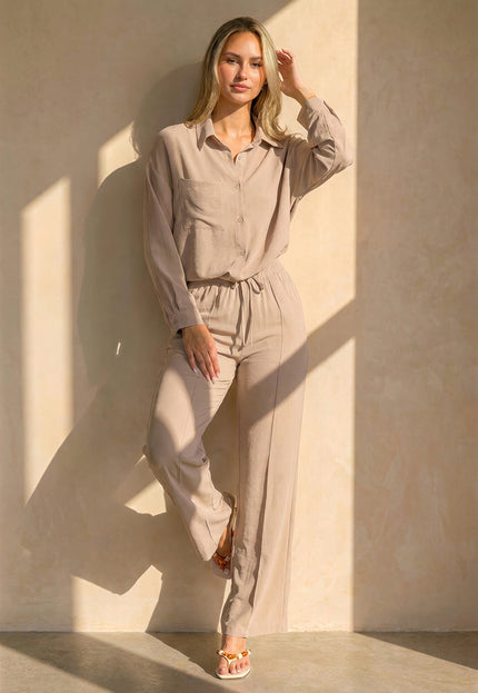 NEW220726 Beige Wide Leg Broek met Strikkoord
