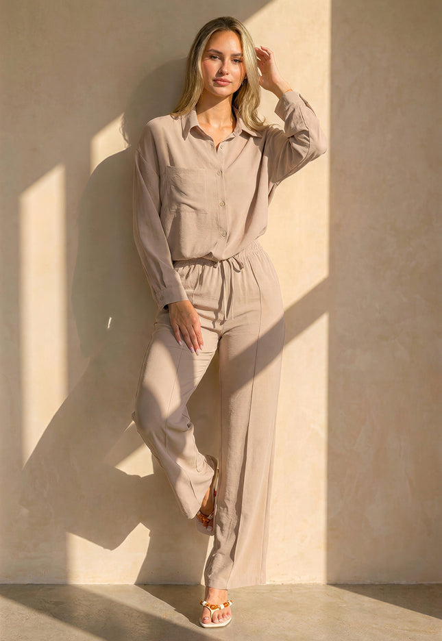 NEW220726 Beige Wide Leg Broek met Strikkoord