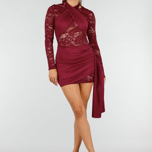 NEW220726 Bordeaux Kant Jurk met Lange Mouwen
