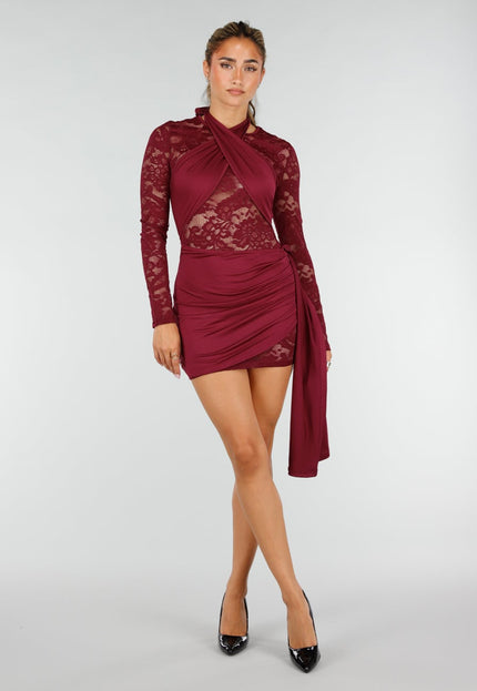 NEW220726 Bordeaux Kant Jurk met Lange Mouwen