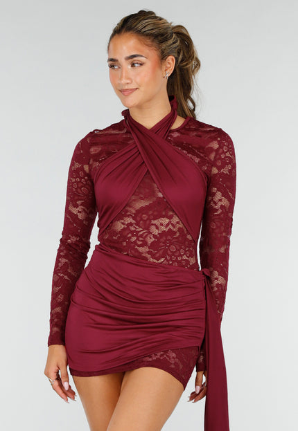 NEW220726 Bordeaux Kant Jurk met Lange Mouwen