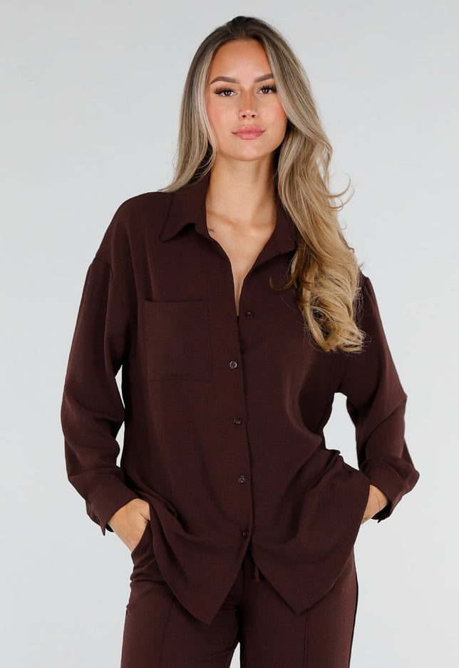NEW220726 Bruine Oversized Blouse met Lange Mouwen