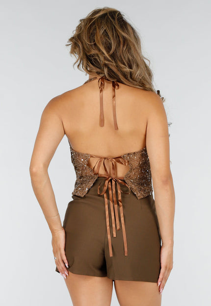 NEW220726 Bruine Pailletten Halter Top