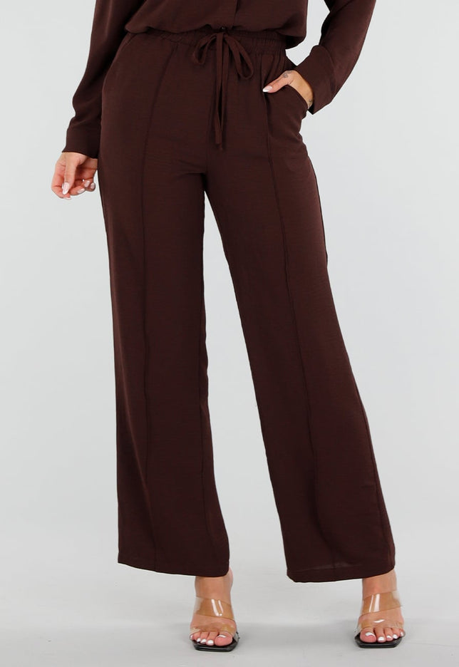 NEW220726 Bruine Wide Leg Broek met Strikkoord