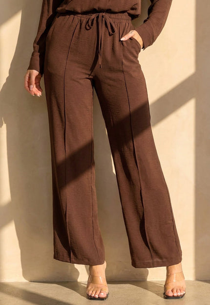 NEW220726 Bruine Wide Leg Broek met Strikkoord