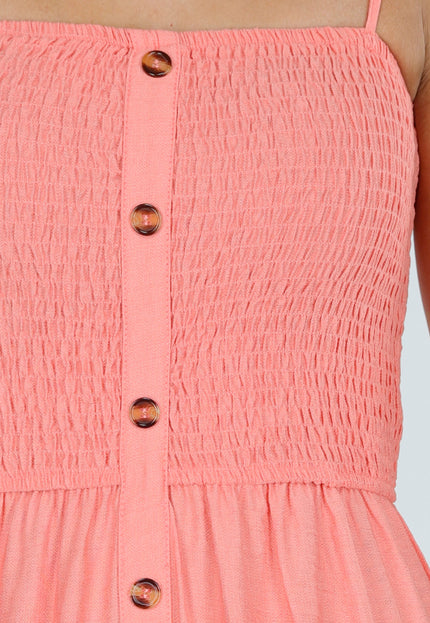 NEW220726 Coral Roze Maxi Jurk met Smock en Strikbandjes