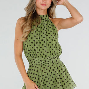 NEW220726 Groene Polkadot Playsuit met Halterhals