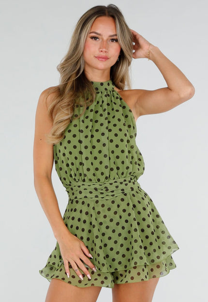 NEW220726 Groene Polkadot Playsuit met Halterhals