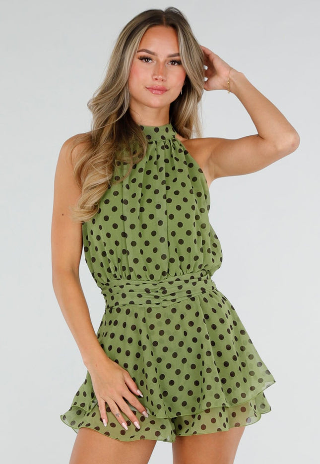 NEW220726 Groene Polkadot Playsuit met Halterhals