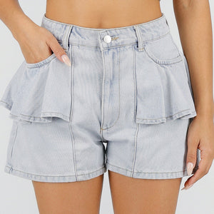 NEW220726 Lichtblauwe Denim Ruffle Shorts