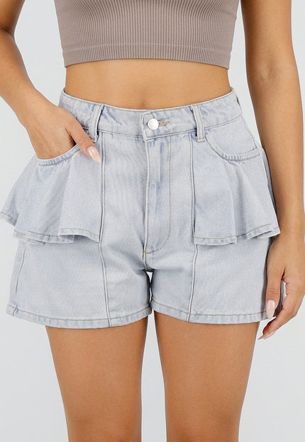 NEW220726 Lichtblauwe Denim Ruffle Shorts
