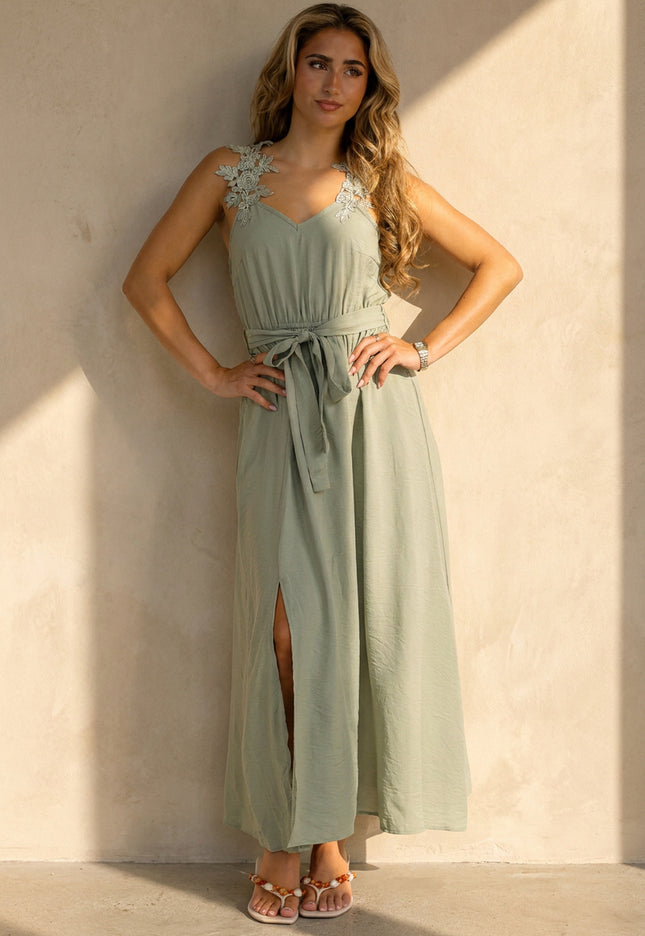 NEW220726 Lichtgroene Maxi Jurk met Kant