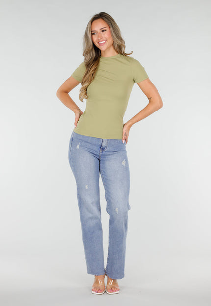 NEW220726 Pistache Stretch T-Shirt met Ronde Hals