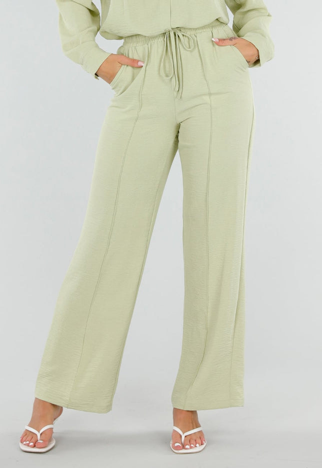 NEW220726 Pistache Wide Leg Broek met Strikkoord