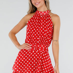 NEW220726 Rode Polkadot Playsuit met Halterhals