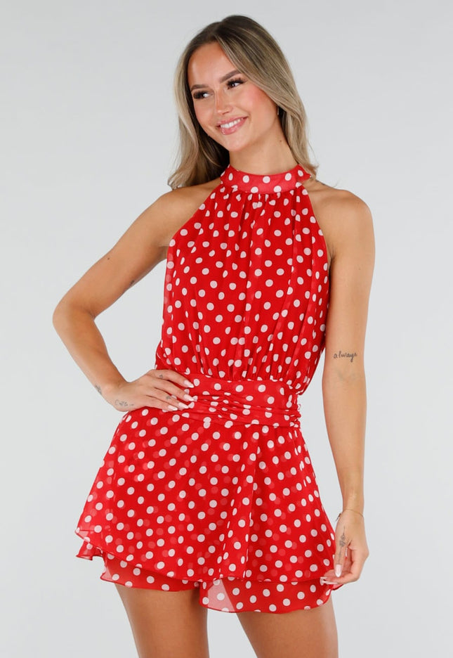 NEW220726 Rode Polkadot Playsuit met Halterhals