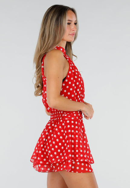 NEW220726 Rode Polkadot Playsuit met Halterhals