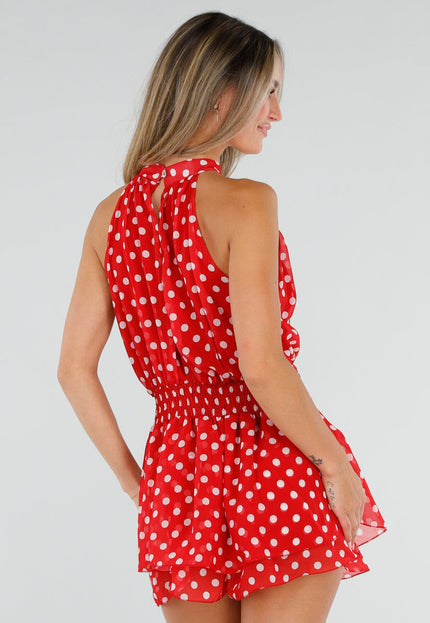 NEW220726 Rode Polkadot Playsuit met Halterhals
