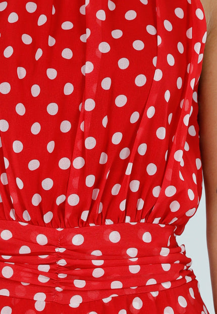 NEW220726 Rode Polkadot Playsuit met Halterhals