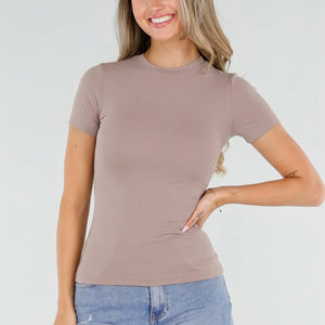 NEW220726 Taupe Basic T-Shirt met Korte Mouwen