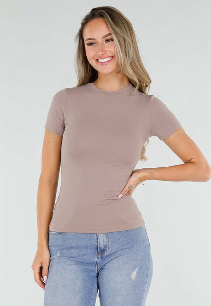 NEW220726 Taupe Basic T-Shirt met Korte Mouwen