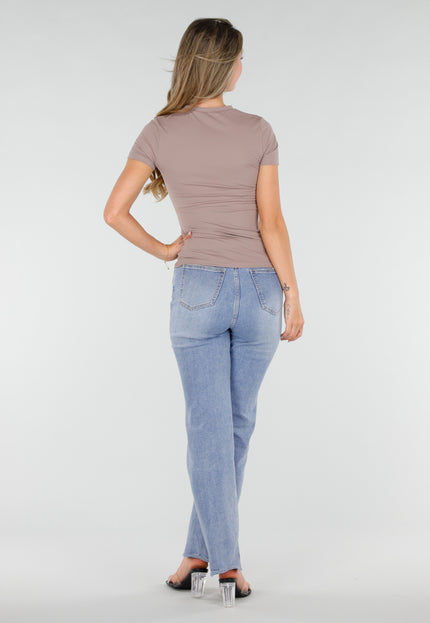 NEW220726 Taupe Basic T-Shirt met Korte Mouwen