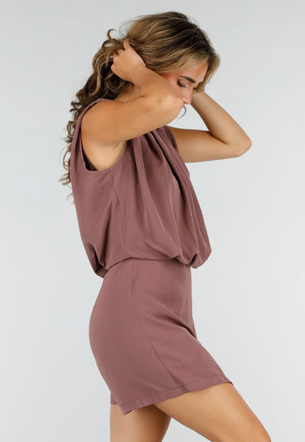 NEW220726 Taupe Mouwloze Playsuit met Overslagrok
