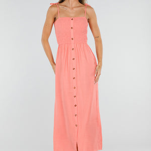 NEW220726 Zalmroze Maxi Jurk met Smock en Strikbandjes