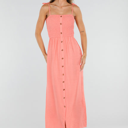 NEW220726 Zalmroze Maxi Jurk met Smock en Strikbandjes