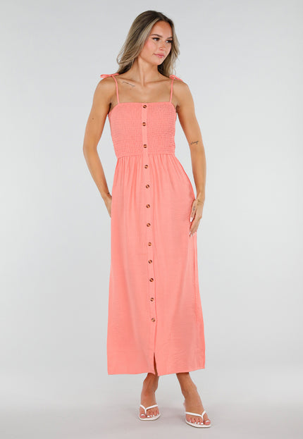 NEW220726 Zalmroze Maxi Jurk met Smock en Strikbandjes