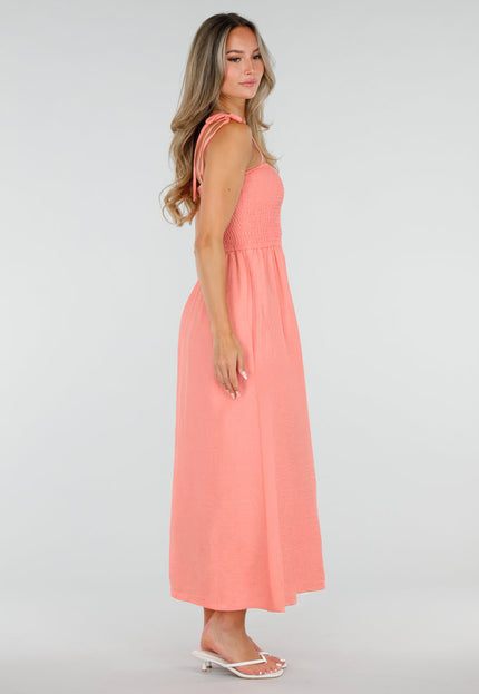 NEW220726 Zalmroze Maxi Jurk met Smock en Strikbandjes