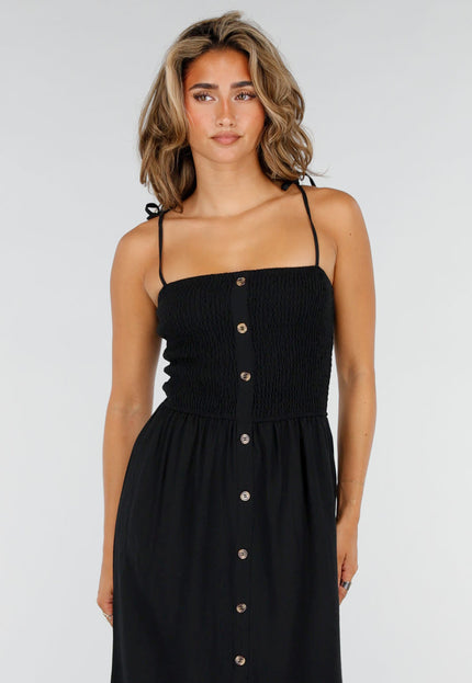 NEW220726 Zwarte Maxi Jurk met Smock en Strikbandjes