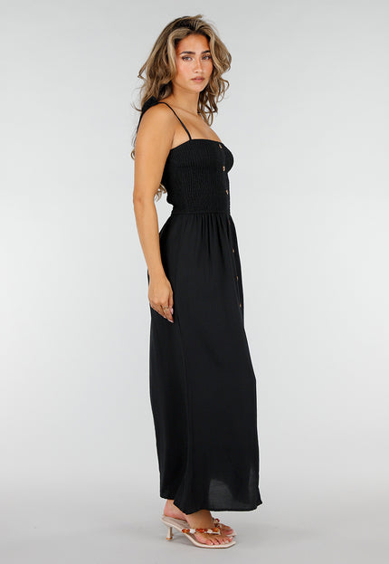 NEW220726 Zwarte Maxi Jurk met Smock en Strikbandjes