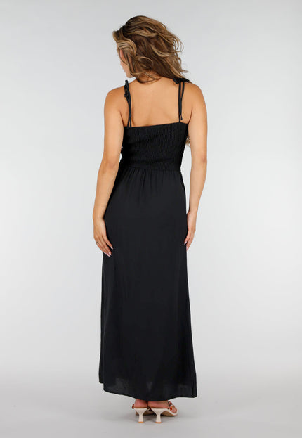 NEW220726 Zwarte Maxi Jurk met Smock en Strikbandjes