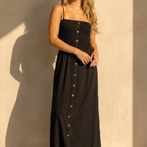 NEW220726 Zwarte Maxi Jurk met Smock en Strikbandjes