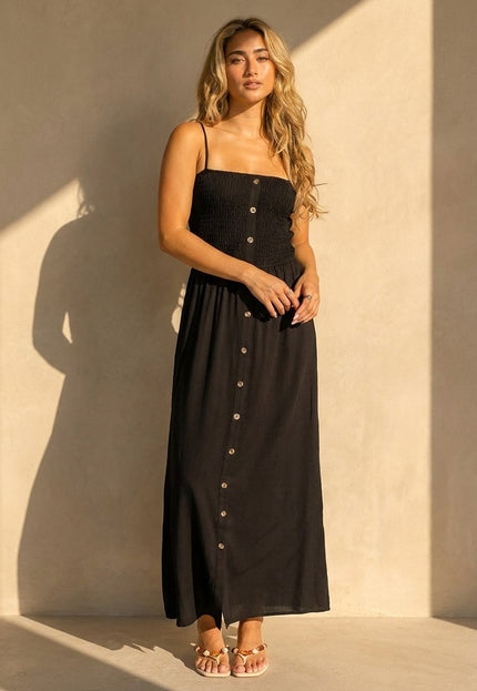 NEW220726 Zwarte Maxi Jurk met Smock en Strikbandjes