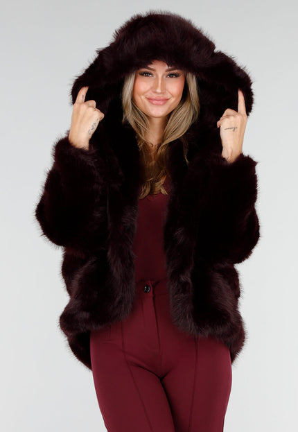 NEW221025 Bordeauxrode Faux Fur Jas